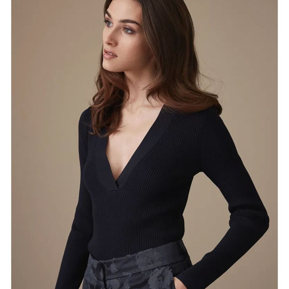 REISS Navy Agnes Ribbed Long Sleeve Size 2 V Neck Navy